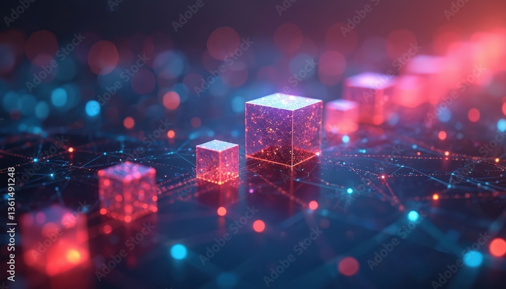 Poster digital network visualization with colorful 3d cubes connected by lines. dark background with neon l