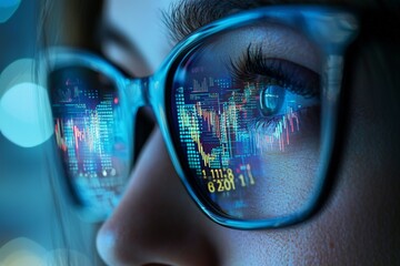 close-up of a womans face with glasses reflecting digital stock charts