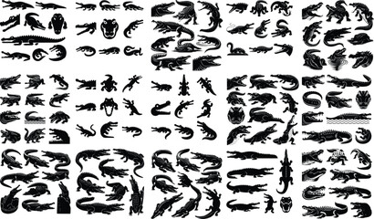 Cute crocodile set collection Set of Crocodile shillouette vector illustration Crocodile and alligator silhouette set
