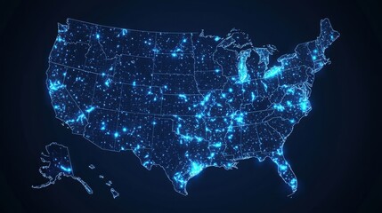 Obraz premium Detailed map of the united states with highlighted 5g network regions in blue demonstrating enhanced connectivity areas