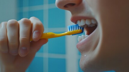 Woman brushing teeth, bathroom, morning routine, blue tiles