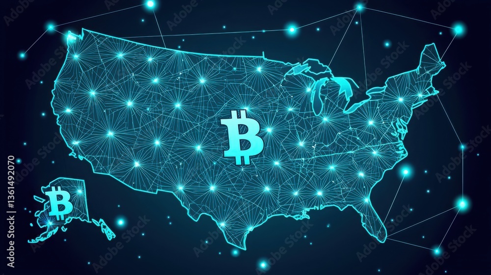 Poster a map of the united states featuring a bitcoin embedded in blockchain infrastructure symbolizing fin