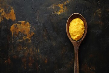 Corn polenta uncooked in wooden spoon background