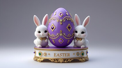 Purple Easter Egg with Golden Designs and Jewels - White Bunny Pair Decoration - Perfect Centerpiece for Easter Celebrations and Seasonal Decor