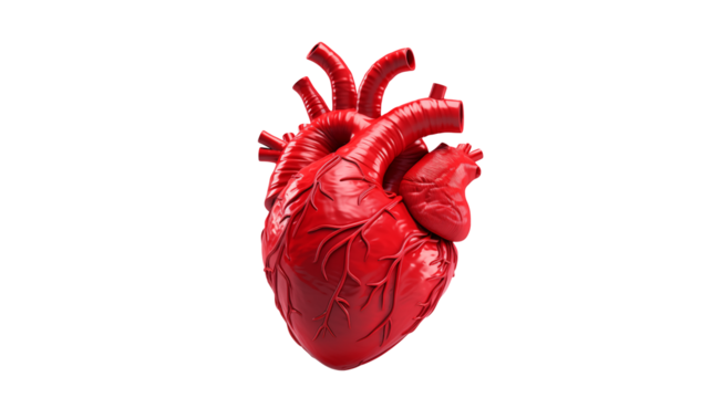 Anatomical heart model in vibrant red against black backdrop