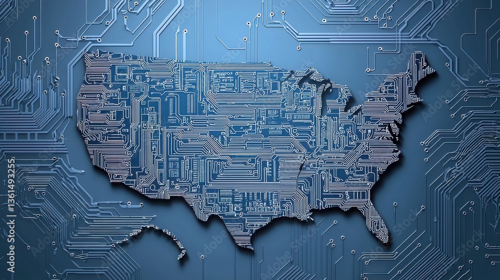 Poster modern circuit board featuring a detailed map of the united states intertwined with technological pa