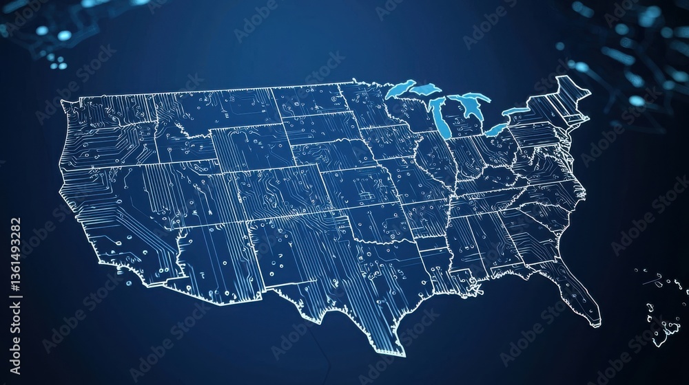 Poster artistic representation of the united states with a circuit board map pattern incorporating electron