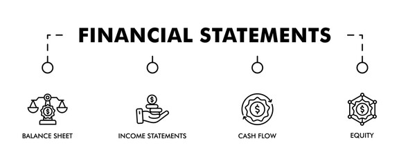 Financial statements banner web icon vector illustration concept with icon of graph, balance sheet, pie chart, income statements, money, calculator, income, earning, cash flow, equity, and balance

