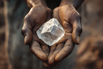 hand of an african miner holding a rough cut diamond