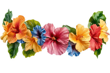Obraz premium A Vibrant Garland Of Hibiscus Blossoms, Bursting With Tropical Colors And Lush Greenery, Evokes The Warmth And Joy Of A Hawaiian Luau Against A Pristine Isolated on Transparent Background