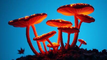 Orange chanterelle mushroom in the forest with autumn foliage and wild grass