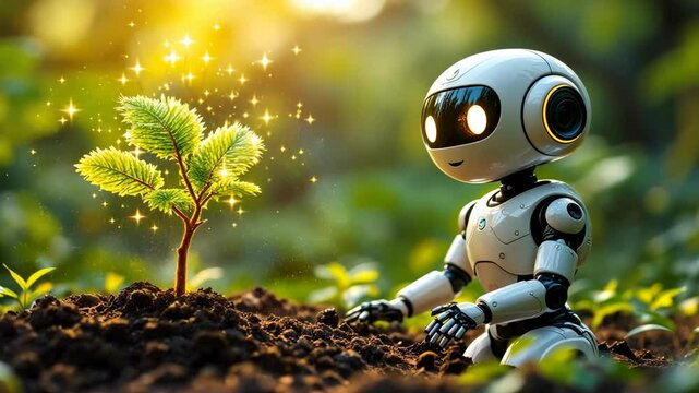 Robotic companion observing growth of magical plant sprouting amidst nature's bounty