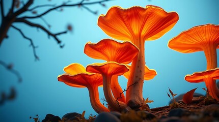 Orange chanterelle mushroom in the forest with autumn foliage and wild grass