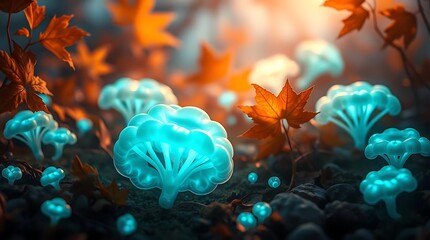 Orange chanterelle mushroom in the forest with autumn foliage and wild grass