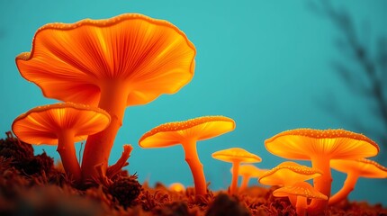 Orange chanterelle mushroom in the forest with autumn foliage and wild grass
