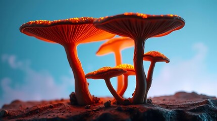 Orange chanterelle mushroom in the forest with autumn foliage and wild grass