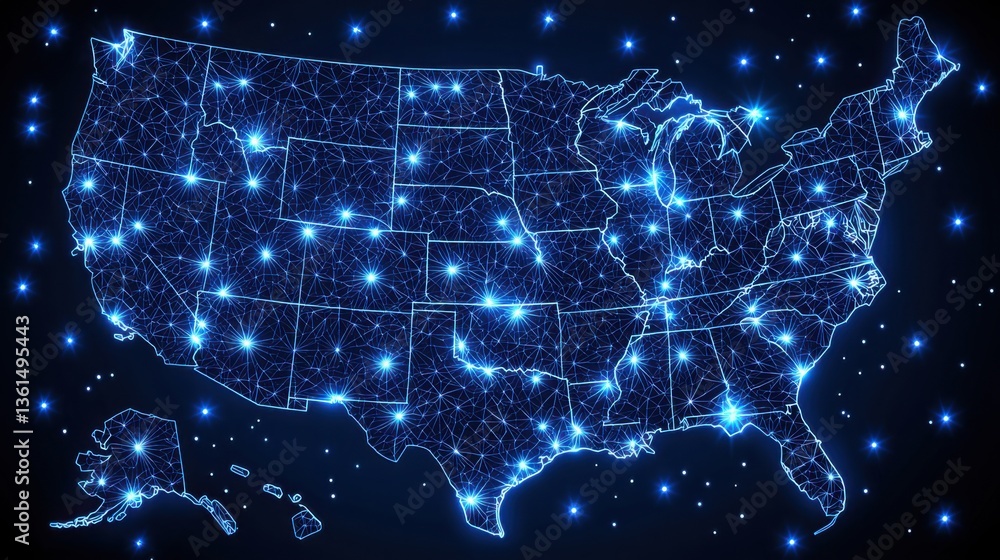 Poster cyberpunk styled map of the united states featuring vibrant colors and geometric patterns in a futur