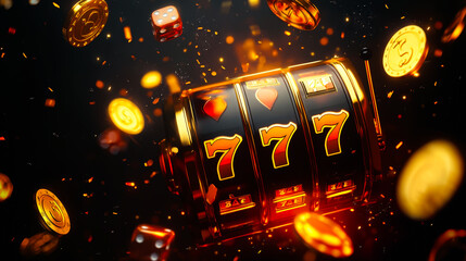 Casino slot machine wins the jackpot 777 on bright background. Casino Banner advertising template. Flying gaming chips on blurred background