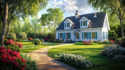 Charming suburban house surrounded by vibrant flowers and lush greenery