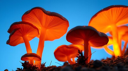 Orange chanterelle mushroom in the forest with autumn foliage and wild grass
