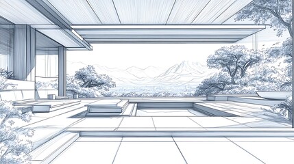 Obraz premium Architectural sketch of modern house with pool and mountain view.