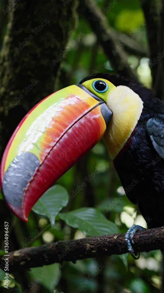 Poster a vibrant toucan perched on a branch in a lush jungle, captured from a low-angle, creating a dynamic
