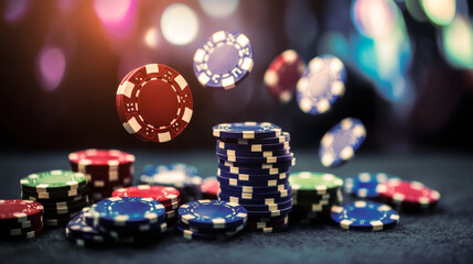 Flying casino chips and cubes on dark blurred background. Tokens and dice for gambling in bright light. Banner casino elements for background design for web