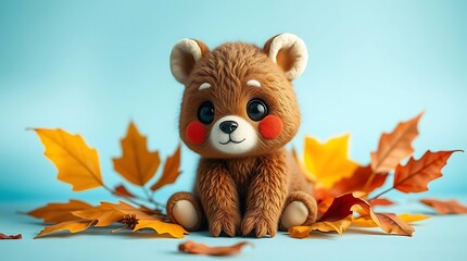 A cute teddy bear cub holding a red heart and a red flower, sitting with an acorn, surrounded by love, fun, and childhood vibes, in a soft and cartoonish style