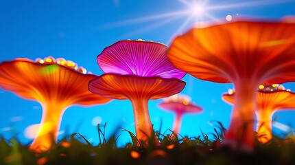 Orange chanterelle mushroom in the forest with autumn foliage and wild grass