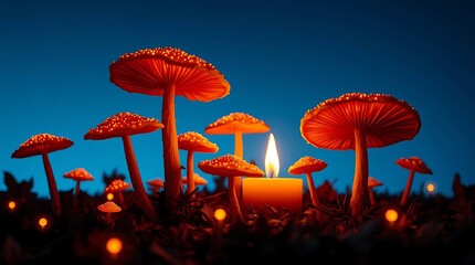 Orange chanterelle mushroom in the forest with autumn foliage and wild grass