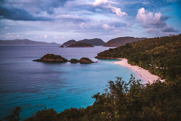 Fototapeta premium View of tropical Trunk Bay beach, St John at sunset.