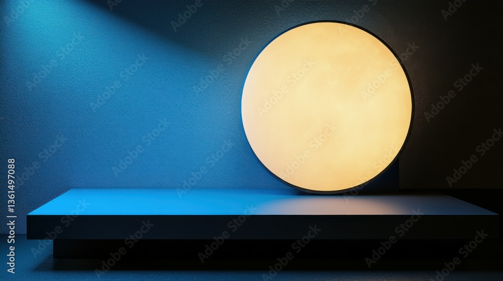 Poster modern blue circular podium set against a dark gradient background creating a dramatic and captivati