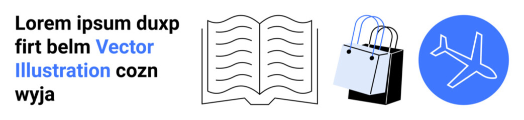 Open book, shopping bags, and airplane in minimal design. Ideal for education, travel, shopping, business, marketing e-commerce lifestyle. Flat landing page banner