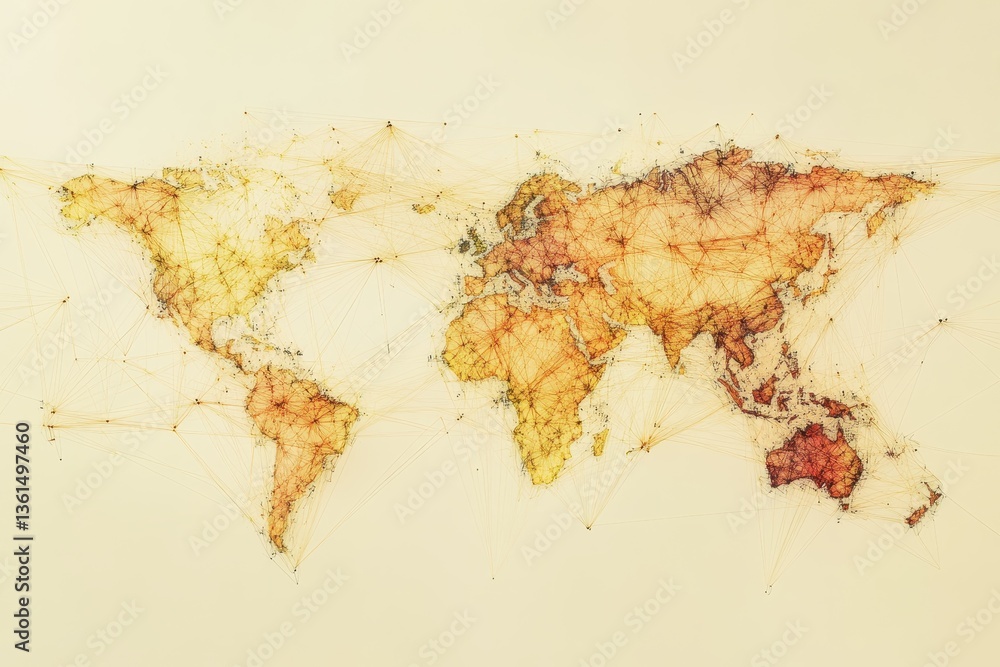 Poster network of connections showcased across a globe of abstract shapes illustrating global interaction, 