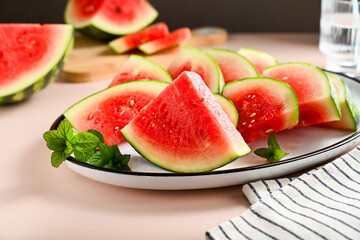 Fresh watermelon slices in a plate, summer snack apetizer