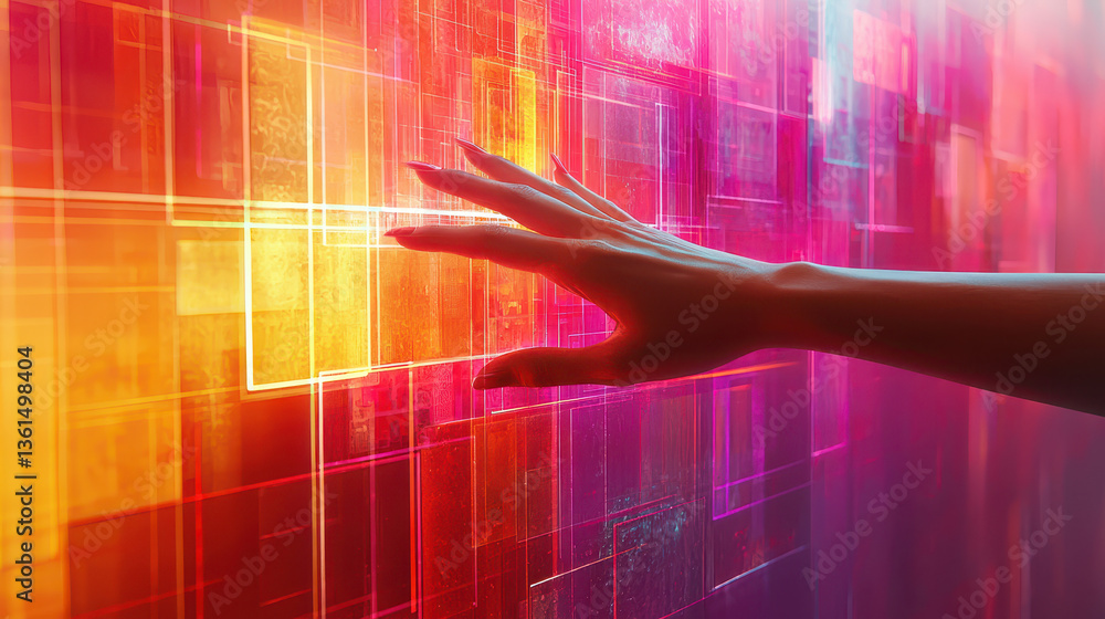 Poster hands interact with vibrant geometric shapes in a futuristic abstract environment