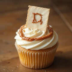 Delicious vanilla cupcake topped with rich frosting and a decorative chocolate piece, perfect for any celebration or treat.