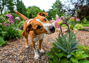 A curious dog sniffing around a flower garden, with its nose to the ground and its tail raised, investigating the scents.