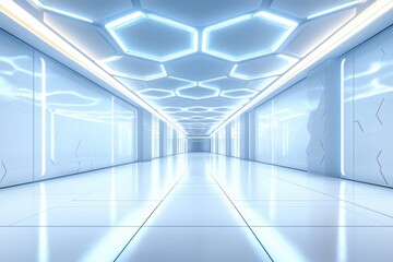 Obraz premium Modern hallway with geometric design and bright lighting at futuristic architecture