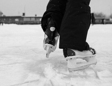 ice skates on the ice covered in snow in winter in Sweden