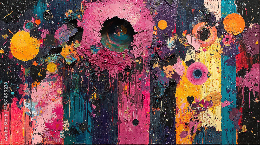 Poster abstract painting in progress showcases vibrant layers of color and visual chaos being meticulously 