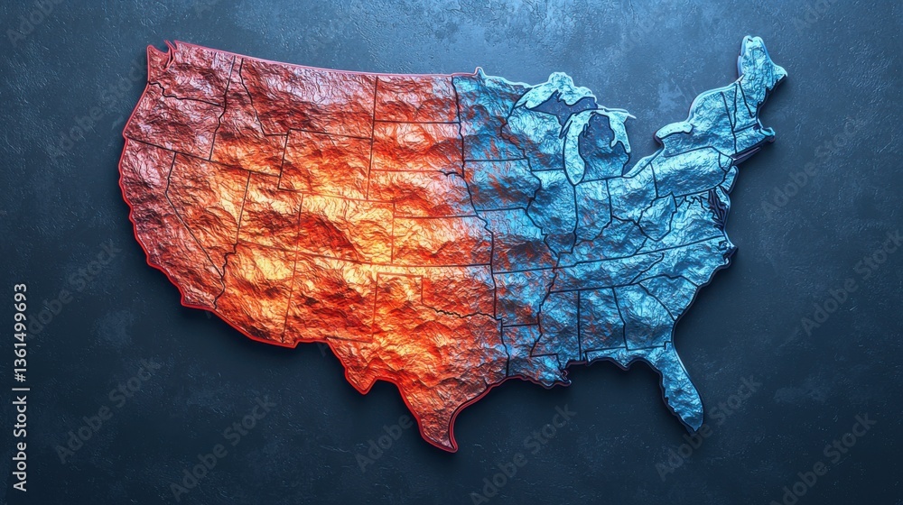 Poster unique map of the united states formed in the shape of the usa with geographical and artistic elemen