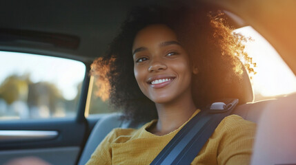 A young adult adjusts their seatbelt while sitting inside a car, displaying a cheerful expression. The bright sunlight highlights the moment, emphasizing road safety.