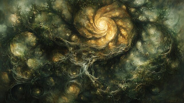 Glowing spiral within a mystical forest.