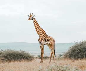 Obraz premium Elegant Giraffe Standing Tall in the Savannah Landscape