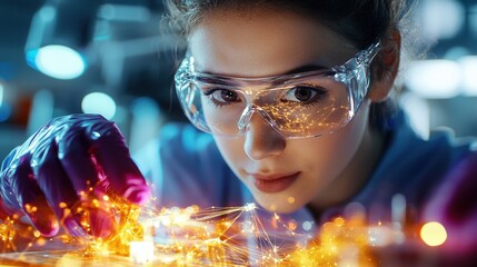 The Laboratory's Visionary: A young, determined scientist immersed in intricate research, her focused gaze illuminated by the glow of scientific discovery within a cutting-edge laboratory.