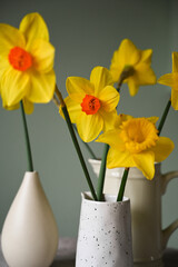 Yellow daffodils in vases. Easter spring background