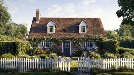 Charming cottage surrounded by lush gardens and a white picket fence