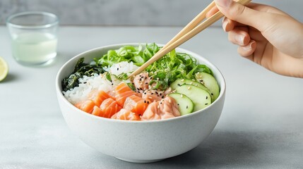A hand picks up fresh salmon and vegetables from a poke bowl, complete with rice and seaweed. A vibrant and nutritious meal ideal for health-conscious individuals.
