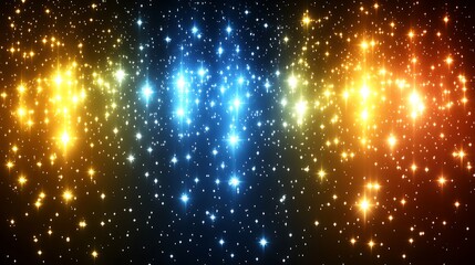 Glowing starburst background with blue, gold, and orange sparkles.